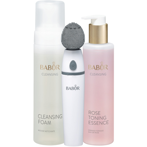 Het powertrio voor een zuivere huid. Inclusief reinigingsborstel, cleansing foam en Rose Toning Essence. Silicone Cleansing Brush Set