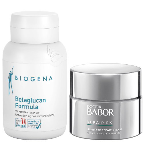 Innovatives Produkt-Set: Mikronährstoffpräparat Biogena Betaglucan Formula der Ultimate Repair Cream für die Widerstandskraft. Wirkstoffkomplex zur Unterstützung der Körperstrukturen und Pflegecreme zur intensiven Hautregeneration. PROTECT: BEAUTY IN- & OUTSIDE