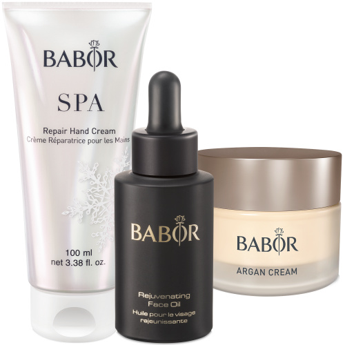 Winter-Beauty-Set zur Pflege bei Kälte, rauer Witterung und wechselndem Klima. Argan Cream, Repair Hand Cream und Rejuvenating Face Oil