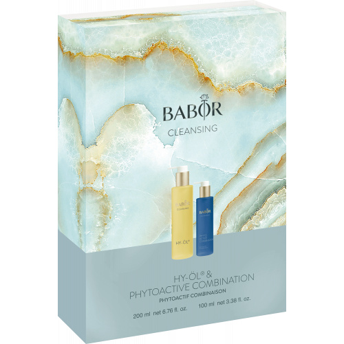 Die BABOR CLEANSING-Ikonen HY-ÖL und Phytoactive als Set im limitierten Marmor Design. HY-ÖL & Combination - Marble Collection